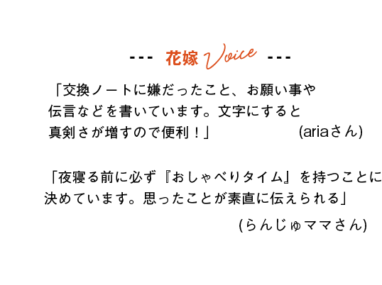 花嫁Voice
「交換ノートに嫌だったこと、お願い事や伝言などを書いています。文字にすると真剣さが増すので便利！」(ariaさん)
「夜寝る前に必ず『おしゃべりタイム』を持つことに決めています。思ったことが素直に伝えられる」(らんじゅママさん)
