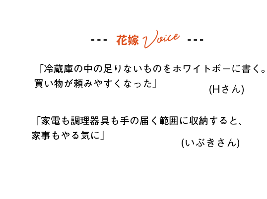花嫁Voice
「冷蔵庫の中の足りないものをホワイトボーに書く。買い物が頼みやすくなった」(Hさん)
「家電も調理器具も手の届く範囲に収納すると、家事もやる気に」(いぶきさん)