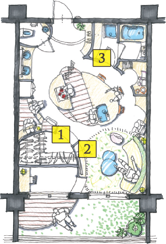 Rule1を形にしました
緊急収納スペースがたっぷり！
リビングと扉で仕切った空間に広めのウォークインクローゼットがあり、いざというときのざっと収納に活躍

Rule2を形にしました
リビングと寝室両方の部屋から見せる収納を
リビングのテレビを置くシェルフには、大切なものも装飾。棚の背中に板がないので、寝室から見える飾り方もできる

Rule3を形にしました
夫専用、妻専用、脱衣所のミニプライベート棚
脱衣所の棚には、タオルなど生活用品を収納。扉が２つ付いているから、夫と妻それぞれの専用棚にできる
