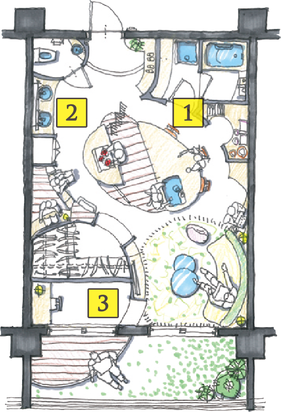 Rule1を形にしました
緊急収納スペースがたっぷり！
この辺りにあるはしごを上がるとロフトがあり、壁は黒板スタイル♪　未来設計図を書いたり消したり楽しく計画


Rule2を形にしました
リビングと寝室両方の部屋から見せる収納を
洗面所は蛇口が２つ並んだ２ボウル。朝夜の支度時間がコミュニケーションの場に。連絡を取り合えるボードもあり

Rule3を形にしました
ひとり時間も楽しい ”おこもりDEN ”
ウオークインクローゼットの隣に、ひとり時間を楽しめる”おこもりDEN”。プライベートタイムもしっかりキープ