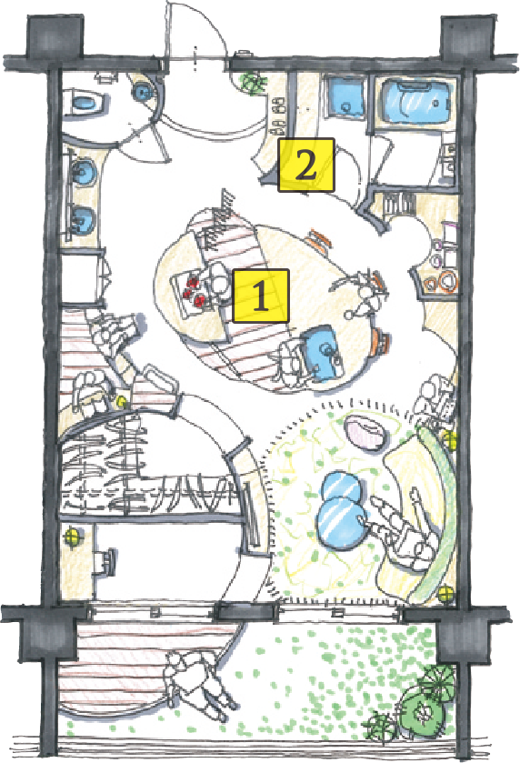 Rule1を形にしました
ふたり仕様のキッチンで”一緒家事”
キッチンはふたり並んで作業できる。少し高さがあるので全体を見渡し「あそこ汚いね」なんて、掃除の計画も

Rule2を形にしました
チョイ掛けが”ラクチン家事”をサポート
脱衣所にチョイ掛けスペース。雨に濡れたものをサッと掛けたり、浴室に干した洗濯物を移動させたりできる